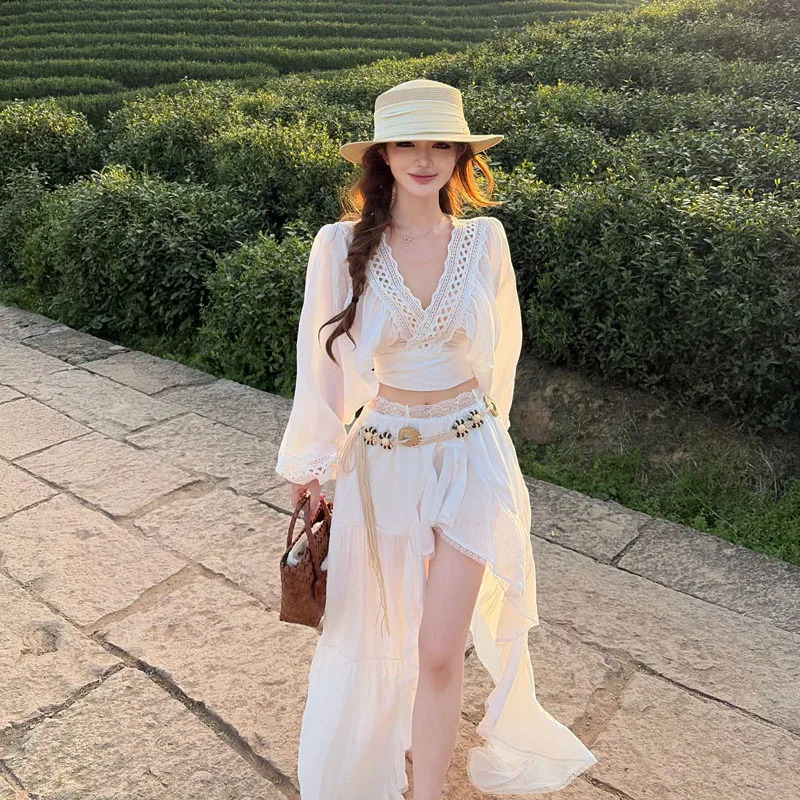 White Bohemian Style Women's Dress Set Travel Casual High Waist A-Line Skirt Long Tail Irregular Tour in Northwest Xinjiang