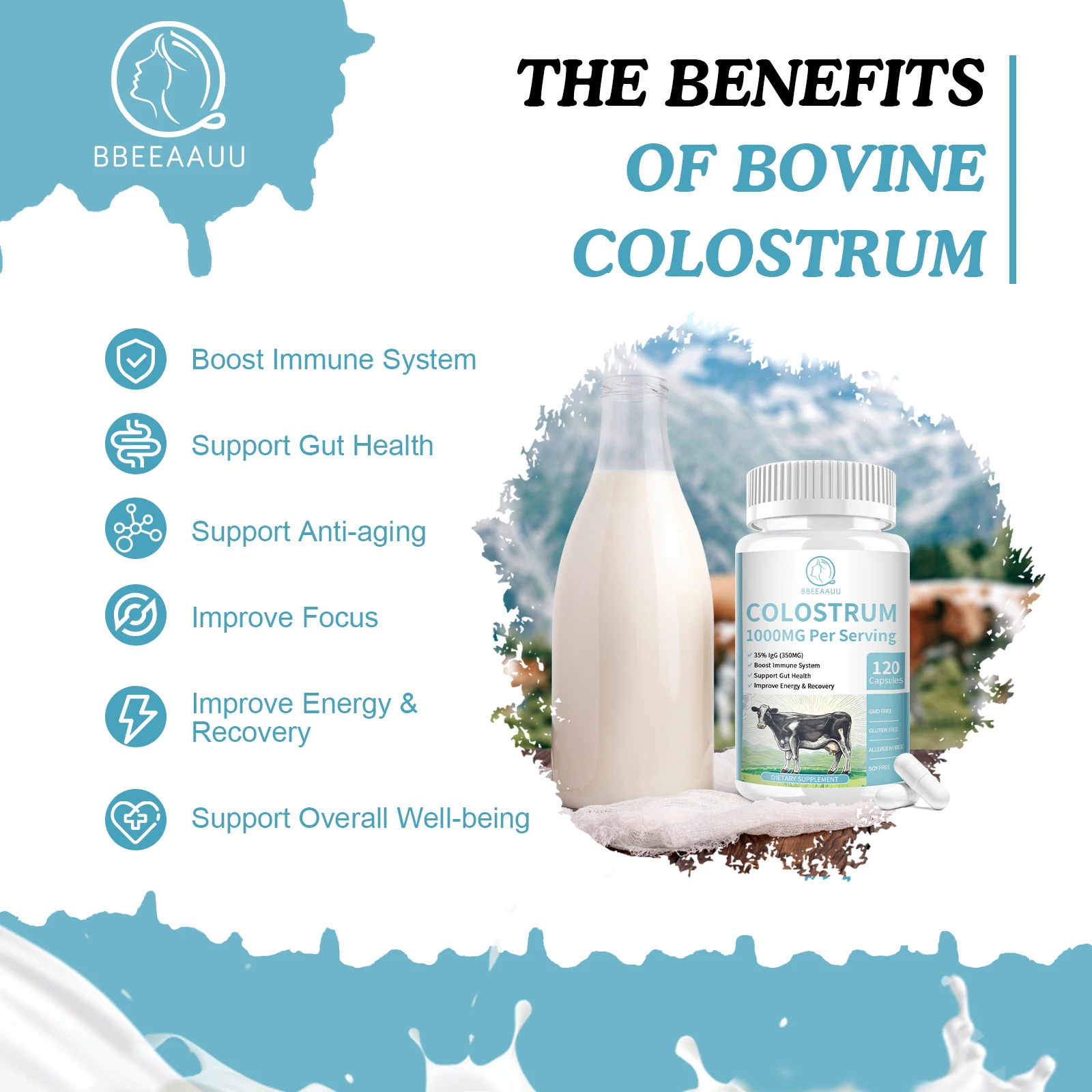 BBEEAAUU Colostrum Capsules 35% lgG Immunoglobulins Improve Immunity Gut Health Improve Focus Improve Energy & Recovery