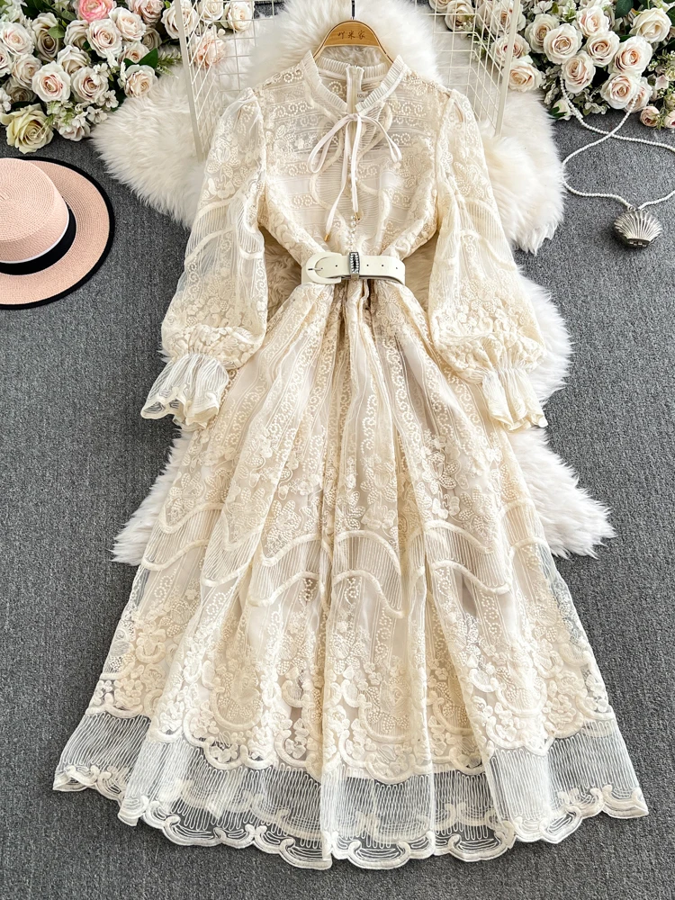 

Spring Summer New French Retro Palace Style Mesh Dress Women's Embroidered Slim Fit Long Lace Exquisite Dress C22