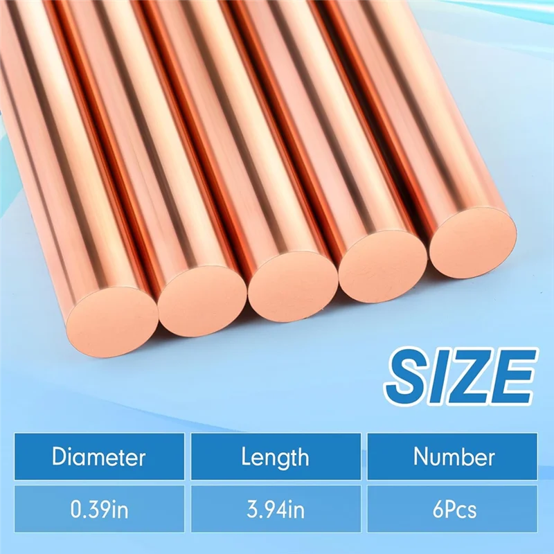 

2025 Trend 6Pcs Pure Copper Round Rod 3.94Inch Length 0.39Inch Diameter Bare Solid Metal Rod Copper Bar Lathe Bar Stock