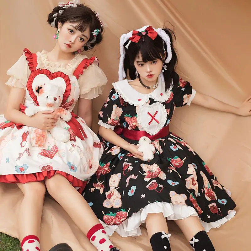 SOIOMES diseño Original dulce fresa oso impreso Lolita muñeca cuello borde con volantes JSK vestido de tirantes verano