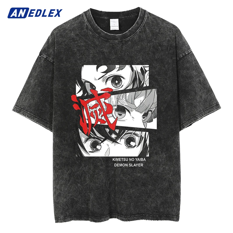 Hip Hop Japanese Streetwear Men Black Washed T-Shirt Anime Eye Print T Shirt Summer Short Sleeve Tshirt Harajuku Cotton Tops