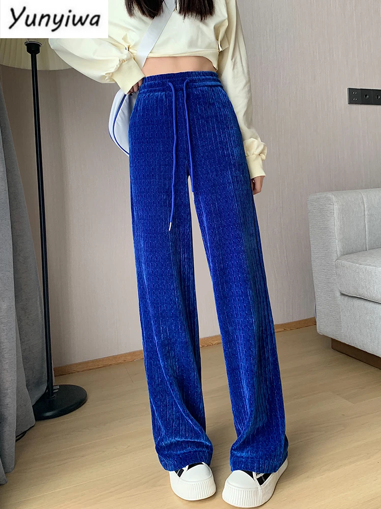 

Blue Wide Leg Pants For Women Fall Winter 2024 Thicken Warm Straight Y2k Trousers Drawstring Casual Korean Style Pants