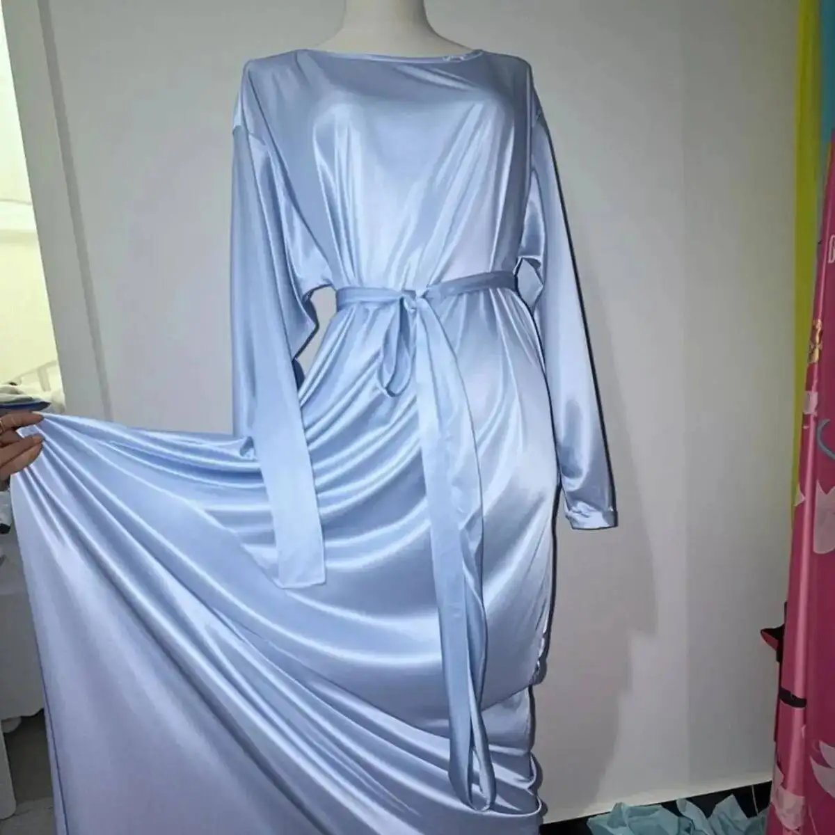 

Glossy Sky Blue Ruffle Women Satin Loose Maxi Dress Long Sleeve Plus Size Sexy Sleeping Robe