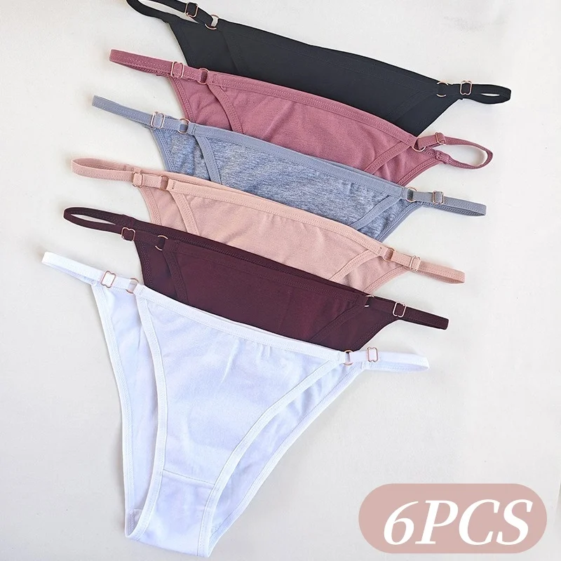 6-teiliges Set Damen Baumwoll-Slips mit niedriger Leibhöhe, weichen Seitenriemen mit verstellbarer Metallschnalle, Alltagsunterwäsche für Damen, S-XL