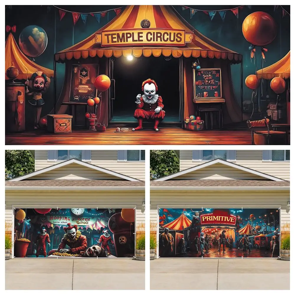 

Halloween Garage Door Decoration Banner Evil Circus Carnival Creepy Clown Backdrop Scary Holiday Party Large Hanging Background