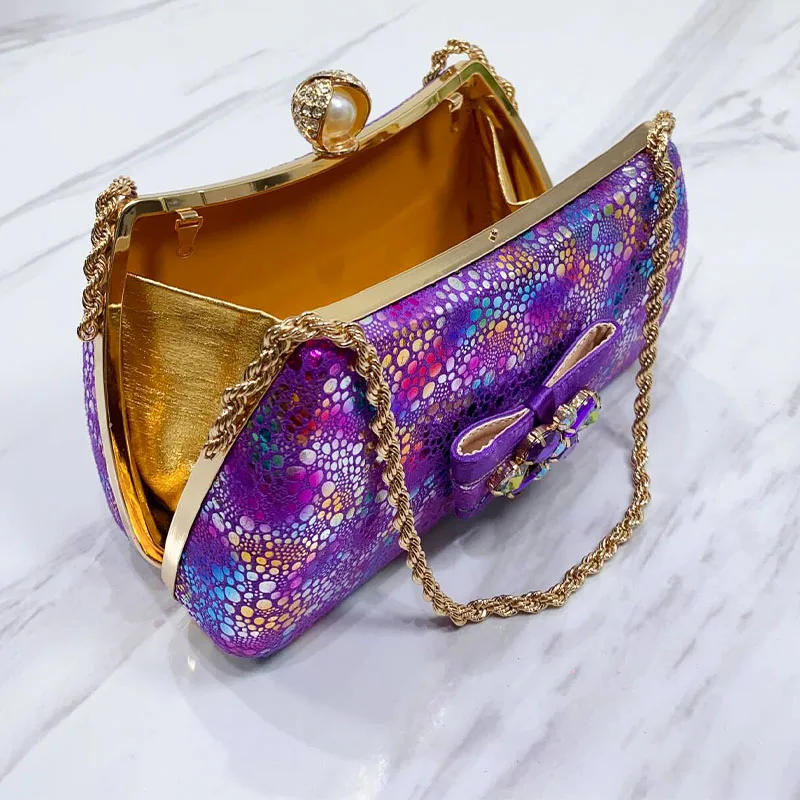 

Elegant Banquet Exquisite 2024 New Fashion Party Design Ladies Bowtie Rhinestone Embellished Purple Small Clutch Bag Chain Bag