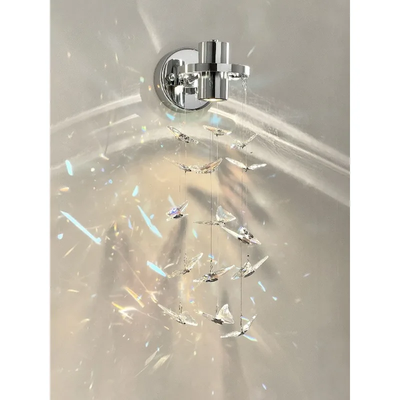 French romantic crystal wall lamp, butterfly decorative lamp, medieval bedroom wall lamp, living room background wall lamp