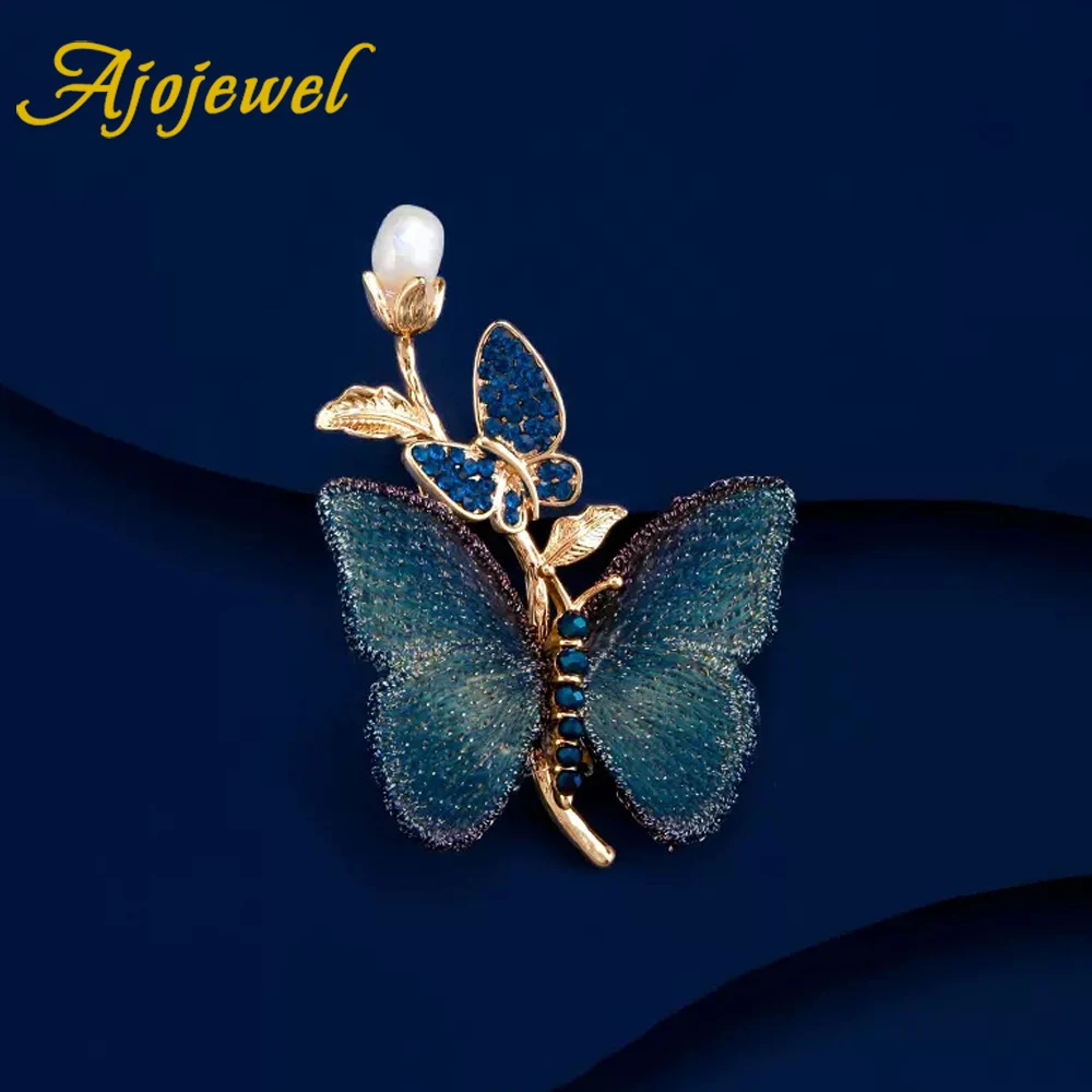 Ajojewel Exquisite Embroidery Blue Butterfly Brooch With Pearl Crystal Rhinestone Insect Jewelry Wholesale