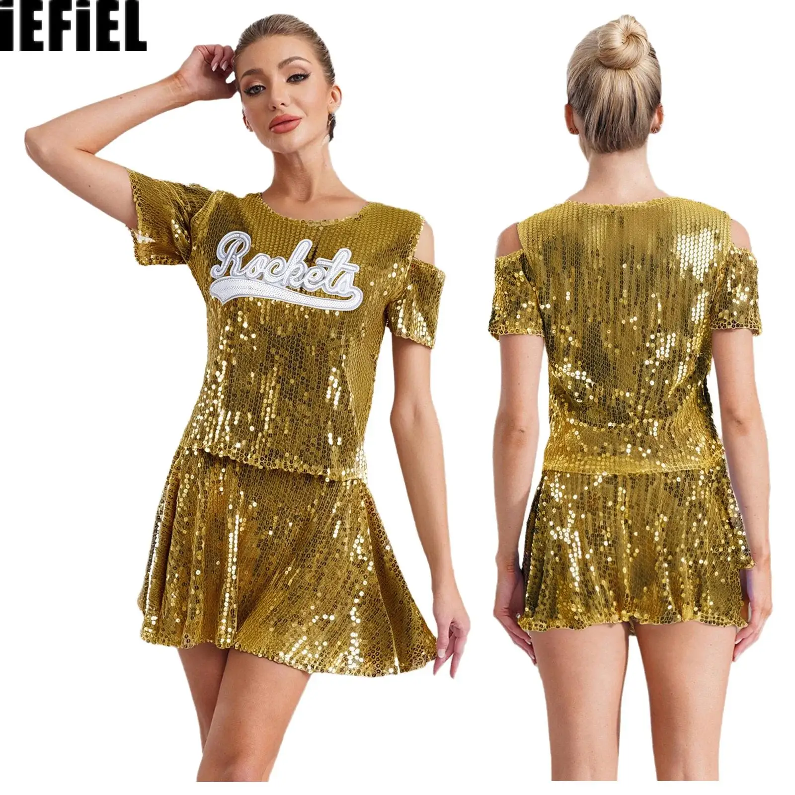 

Womens Jazz Dance Sets Cheerleading Sequin Uniform Short Sleeve Cold Shoulder Letter Applique T-shirt And A-line Skirt Outfit