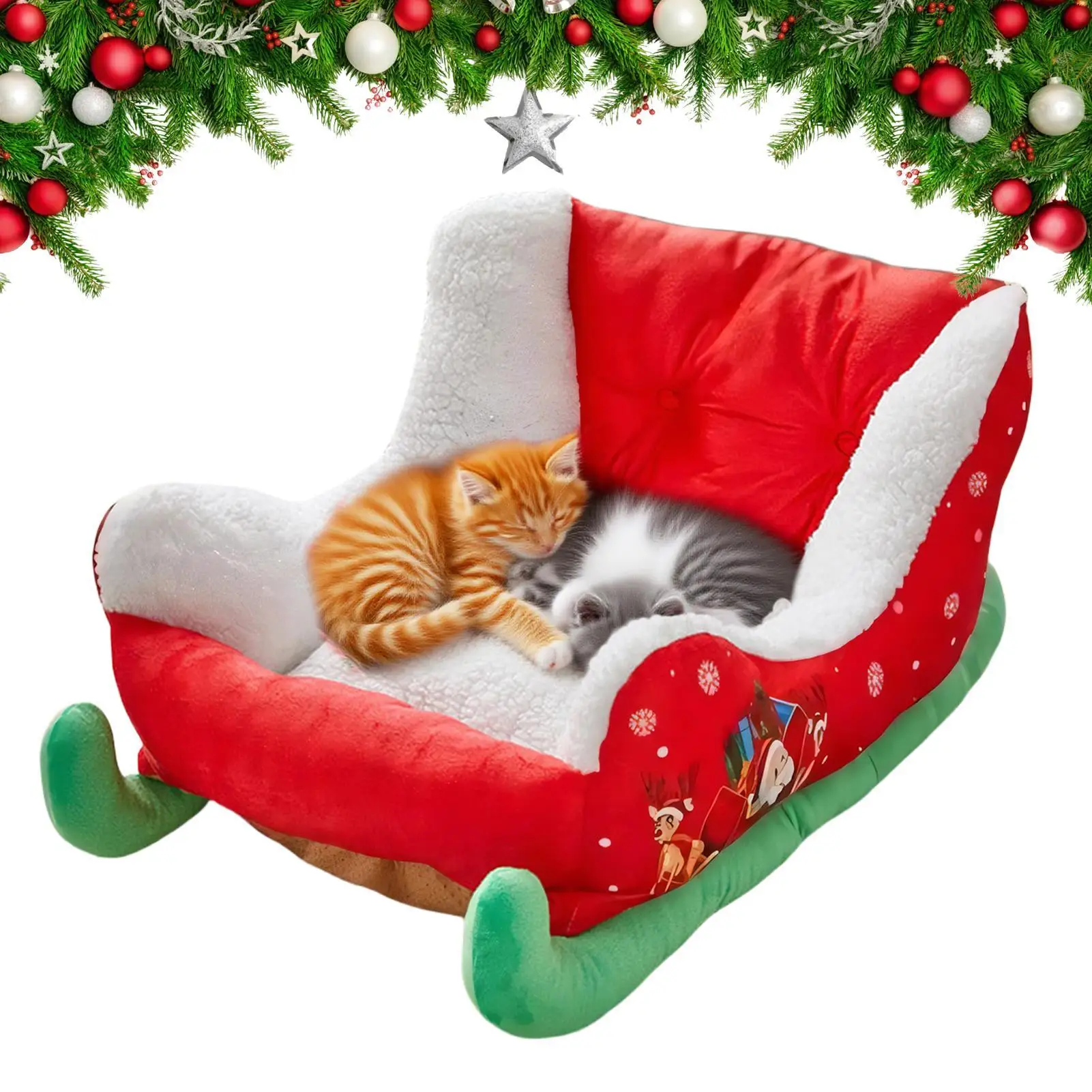 

Insulated Cat Bed Christmas Holiday Themed Festive Plush Cozy Nest for Kitten puppy calming deep sleeping Winter Warmth