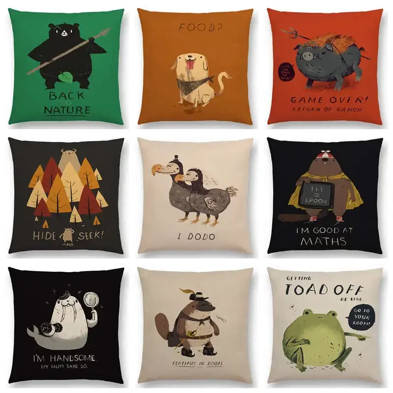 Magical Animals Sofa Throw Pillow Case Fantasy Adventure Fairy Tales Bear Walrus Wild Boar Bird Dog Cushion Cover