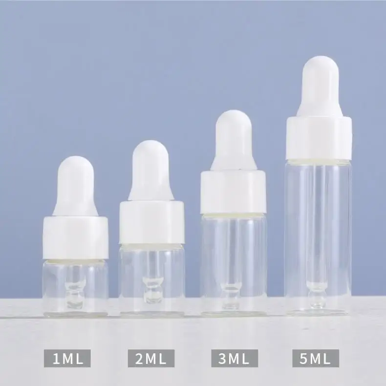 20/50/100pcs 1ml/2ml/3ml/5ml Transparent mini Glass Dropper Bottle with White Lids for Essential Oil Aromatherapy Liquid Vial