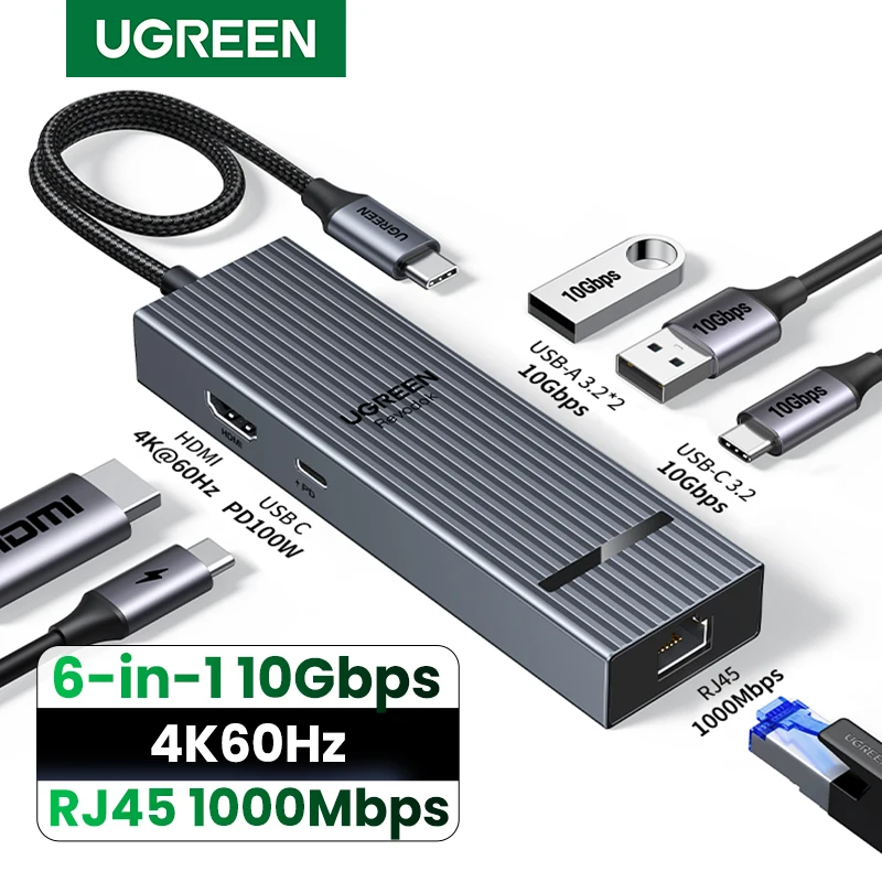 

UGREEN 6 в 1 USB C-концентратор Gigabit Ethernet-адаптер с 4K60 Гц HDMI PD100W Зарядка 10 Гбит/с USB A&C 3,2 Порты данных для ноутбуков iPad