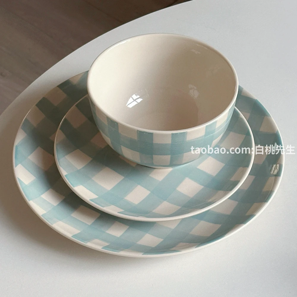 Chic Plaid Ceramic Bowls Plates Home Kitchen Tableware Set Glossy Under Glazed Grid Pattern Dining Dessert Platter Plate Bowl