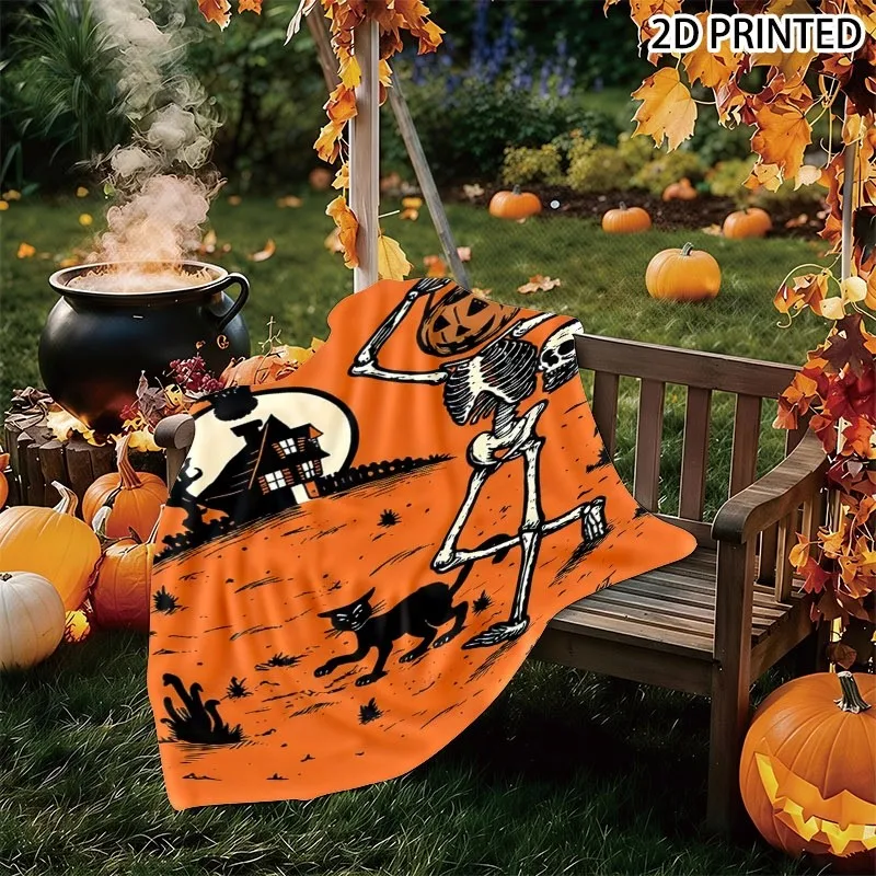 Retro Halloween Illustration Throw Blanket, Spooky Pumpkin Head Skeleton Black Cat & Haunted House Pattern Soft Decorative Blank