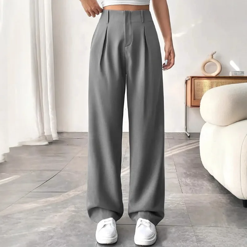 Women High Waist Straight Leg Trousers Slim Fit Solid-coloured Pleated Suit Trousers with Pockets Office Classic Casual Pants