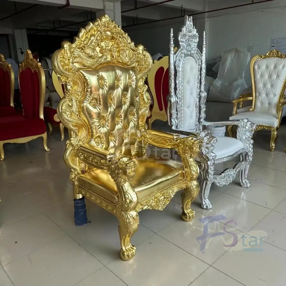 2pcs Wholesale Luxury Gold Throne Royal Chair Bride and Groom Wedding Events Party Chairs PP Plastic King and Queen Throne Chair