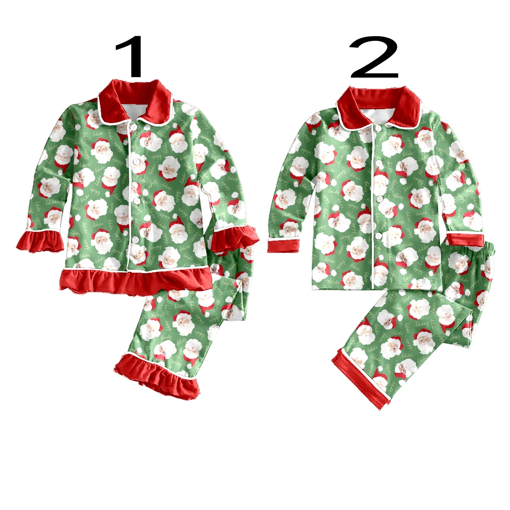 Christmas new green print red lapel long-sleeved trousers children's lapel ruffled boutique pajamas set