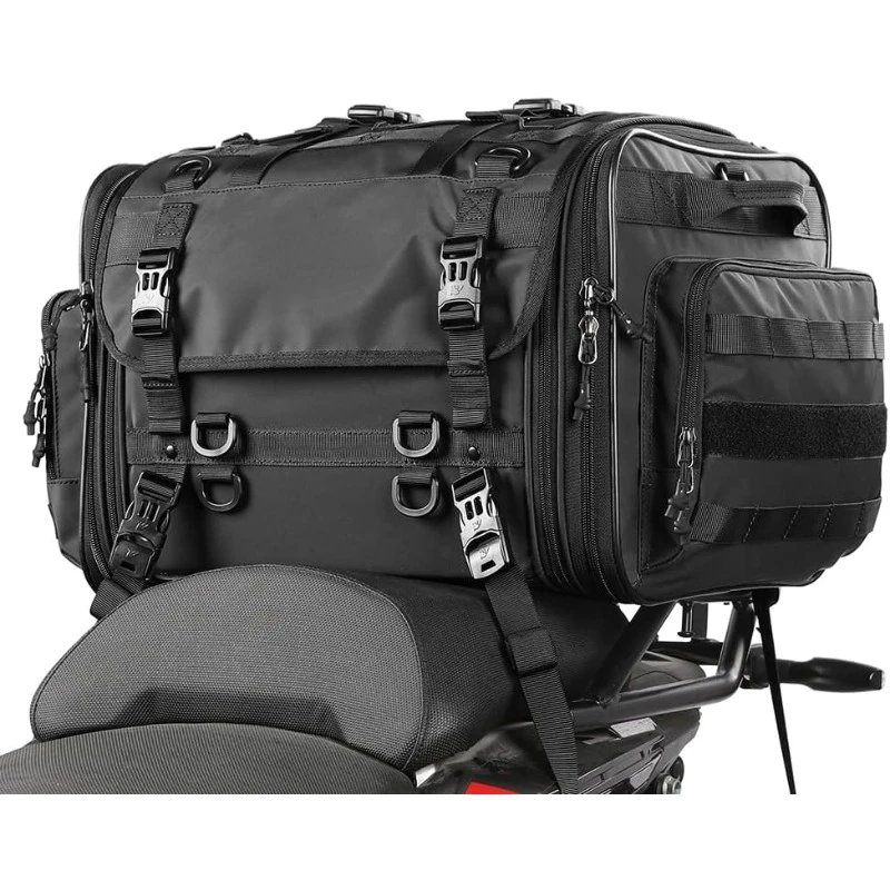 

Motorcycle Travel Luggage, Expandable motorcycle tail bag 60L,Waterproof All Weather/Trunk/Rack Bag with Sissy Bar Straps-Black