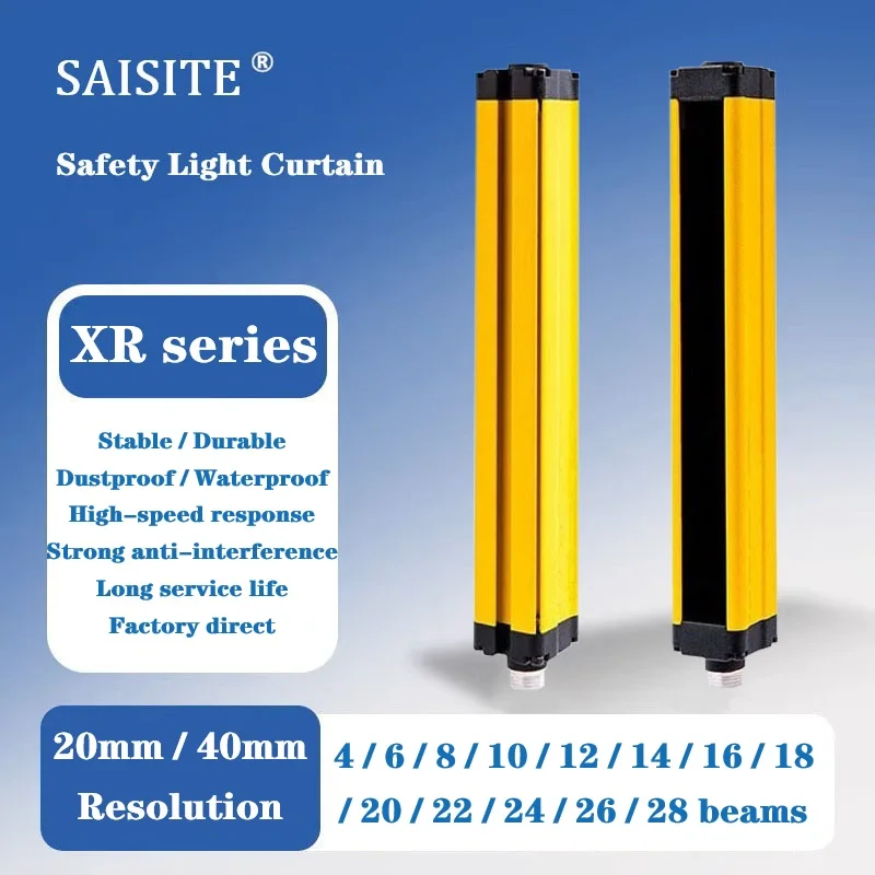 

Safety Light Curtain 4/6/8/10/12/14...28 Beams 20mm/40mm Resolution XR series Safety Grating Security Device PNP/NPN DC 12-24V