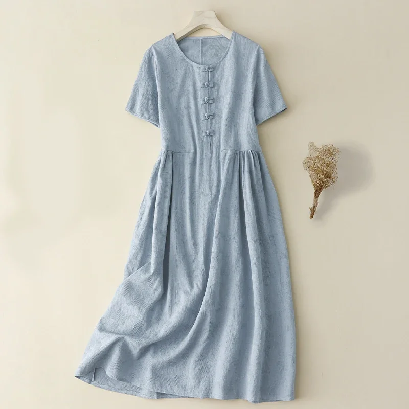 

Cotton Linen Embroidered Short-sleeved Panelled Dress Summer New Women's Vintage Literary Temperament Loose Long Dress J132