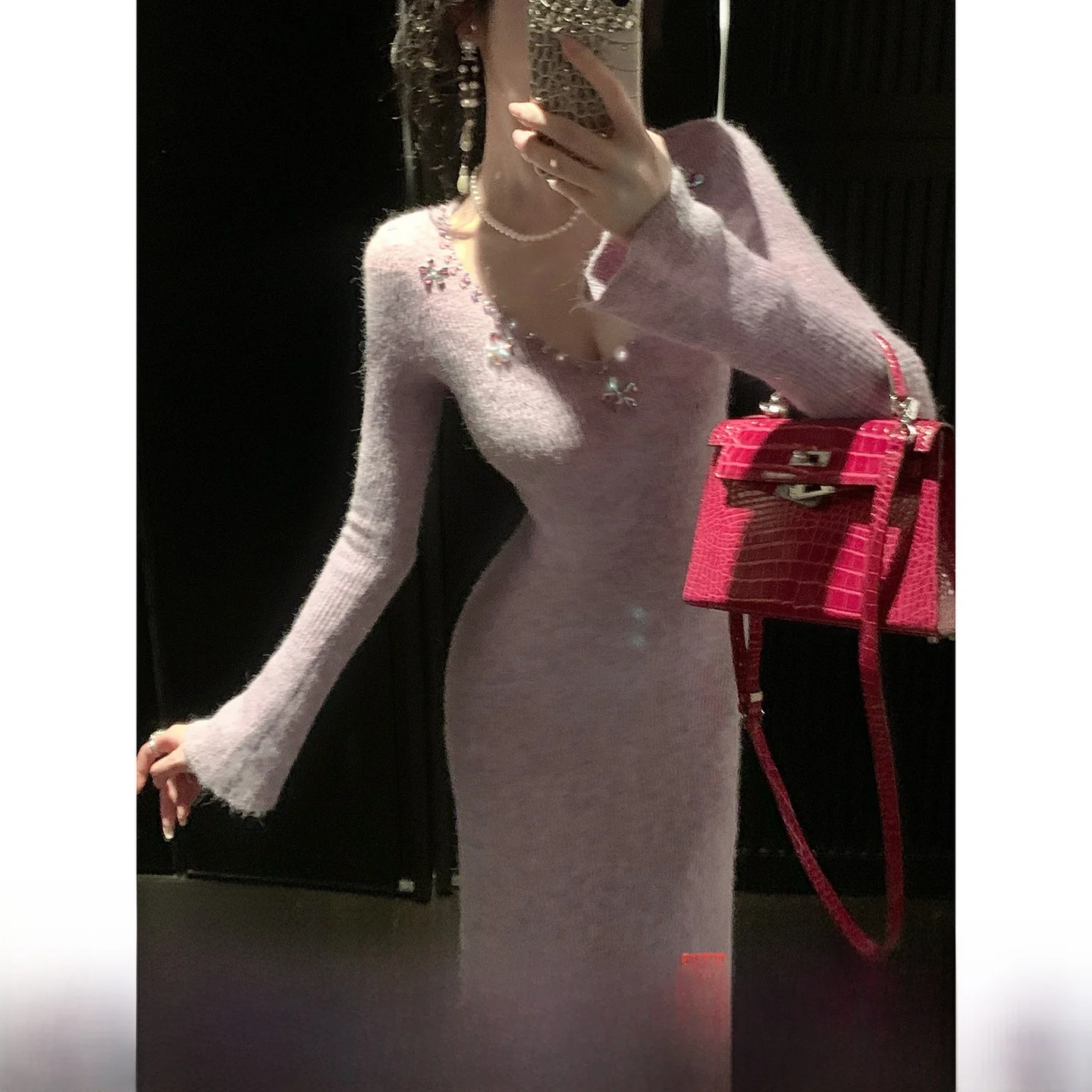 

Syqiao Autumn Winter Heavy Work V Neck Diamond Purple Wool Knitted Slim Fit Long Sleeve Dress Elegant Soft a Line Dress