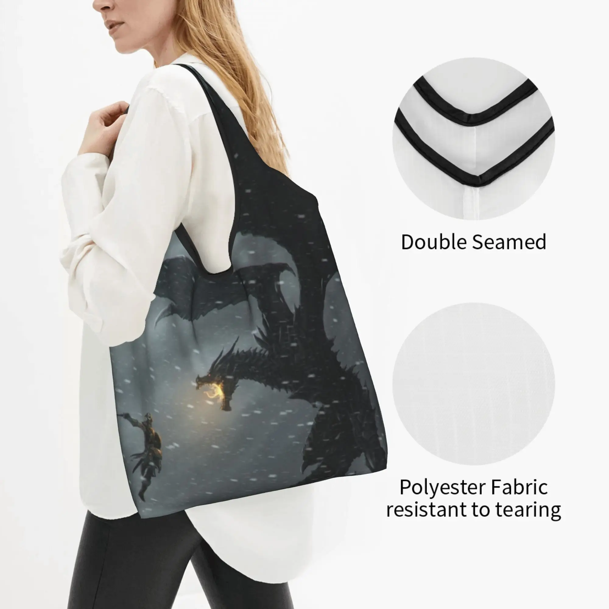 Recycling Skyrim Dragon Born Vs Legendary Dragon Gaming Shopping Bag Women Tote Bag Portable Gaming Grocery Shopper Bags