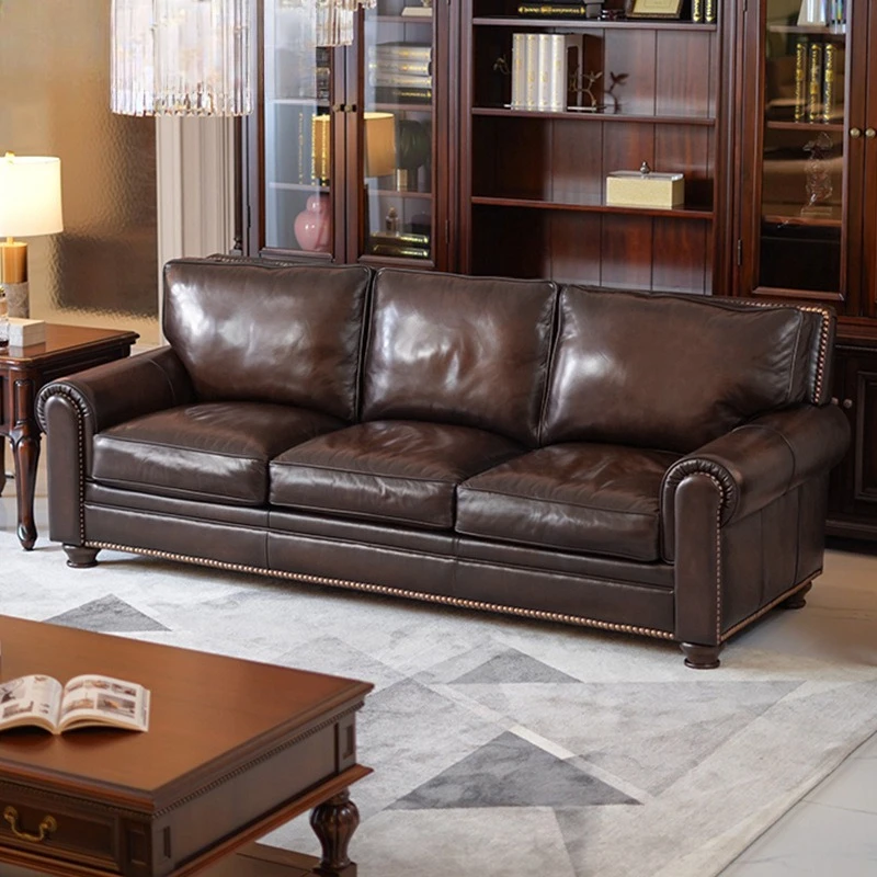leather sofa first layer leather combination retro sofa three-person living room antique hotel furniture