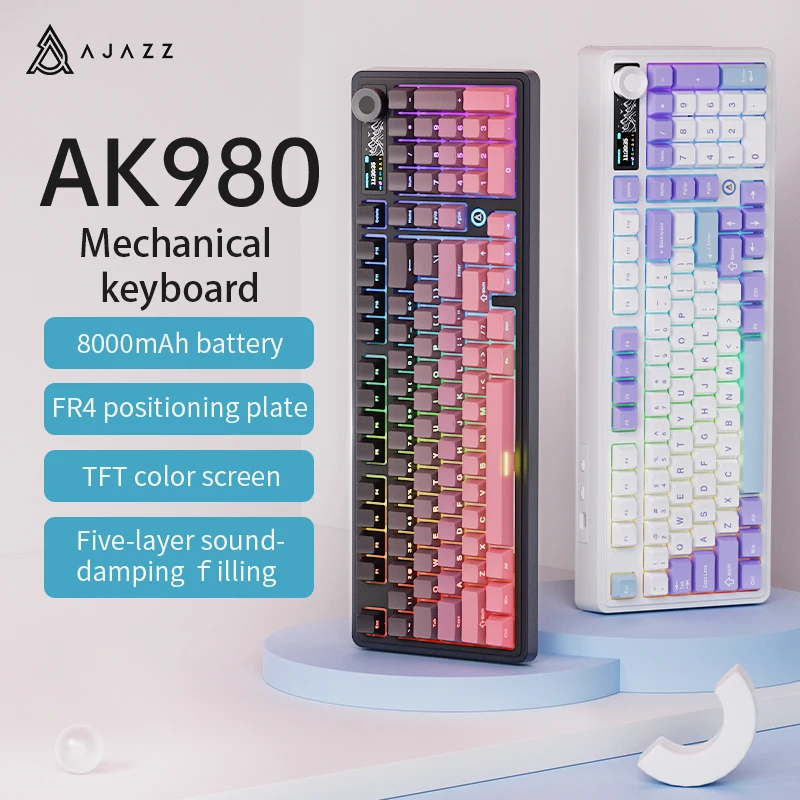 AJAZZ AK980 Gaming Mechanical Keyboard / 8000mAh Battery / Say goodbye to battery anxiety / Full-key hot-swappable switches / Customize your keyboard however you like / Wired / 2.4G / Bluetooththree connection modes / Features a volume knob / Plus a cust