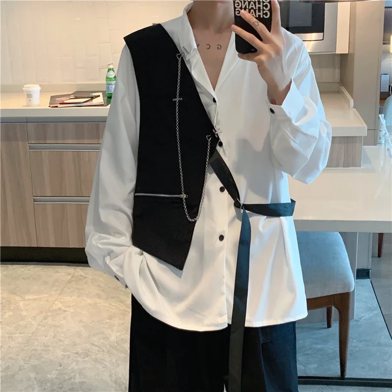 Men Shirts Patchwork Lapel Long Sleeve Button 2023 Casual Men Chic Clothing Streetwear Korean Loose Fashion Tops Blouse P66