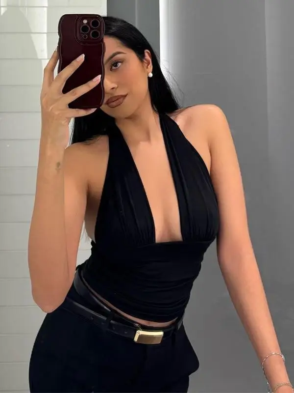 

Сексуальный укороченный топ с глубоким v-образным вырезом, женский топ на бретельках, баскское нижнее белье, облегающий крой, модный сложенный подол, полиэстер...