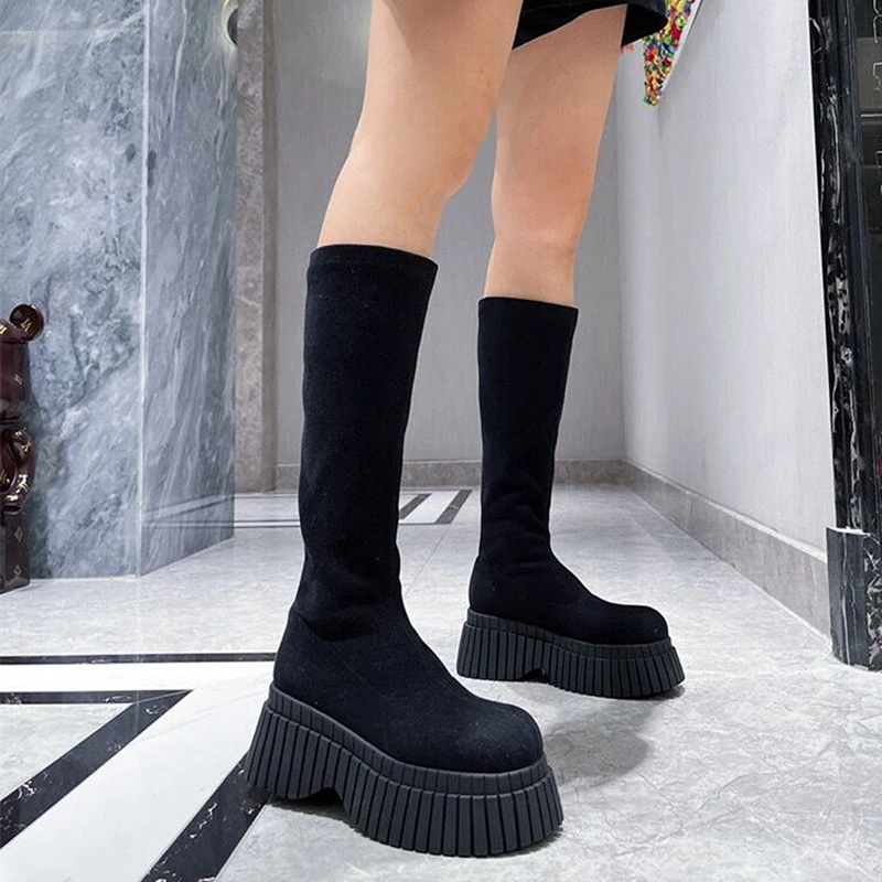 Women High Fly-knitted Elastic Boots 2024 Autumn New Slip on Chunky Platform Ankle Boots Woman Fashion Pink Thick Bottom Botas