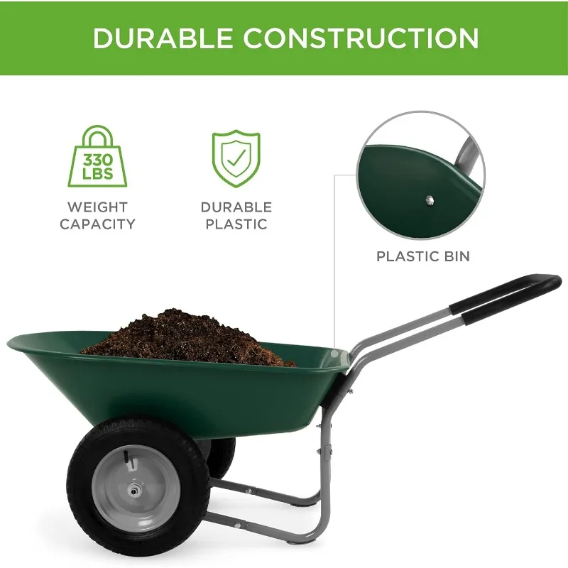 Best Choice Products Dual-Wheel Home Utility Yard Wheelbarrow Garden Cart w/Built-in Stand for Lawn, Gardening,