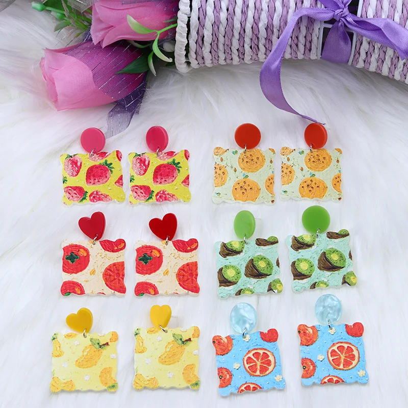 Acrylic printed fruit series earrings, earrings, simple and fashionable personalized strawberry orange stud earrings, ear jewelr