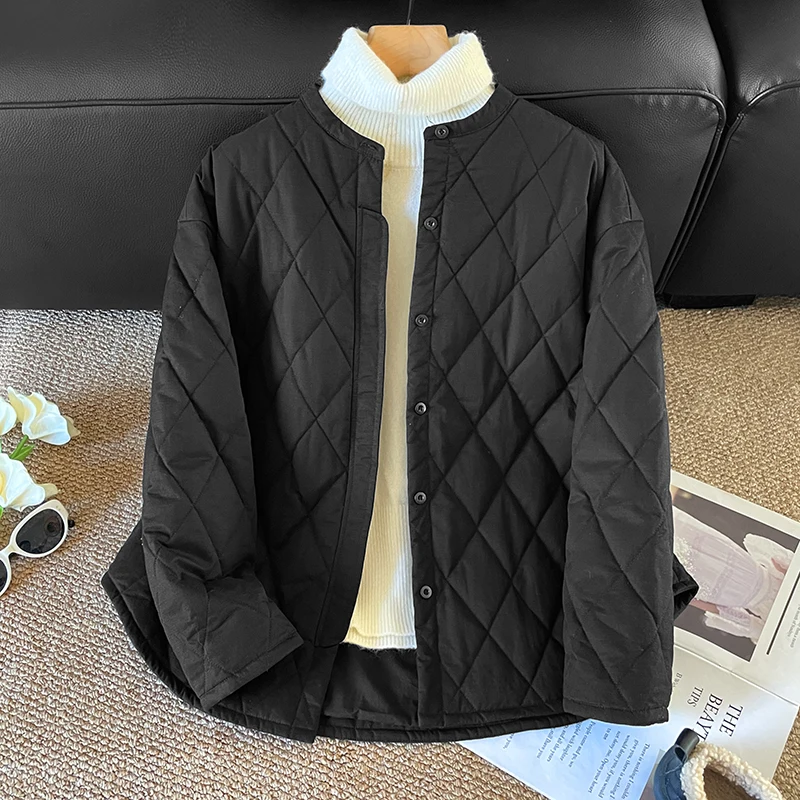 

Lightweight Pure Color Cotton Jaet Women's Autumn Winter Casual Vintage Diamond Pattern All-Match Coat Straight Tube Sle