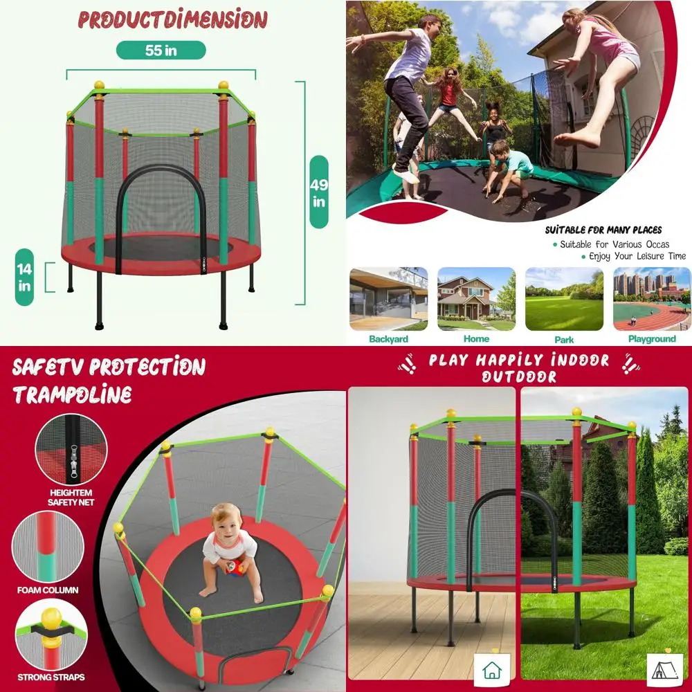 

55IN Trampoline for Kids - Indoor/Outdoor Play with Enclosure Net - Easy to Assemble Recreational Trampoline - Red