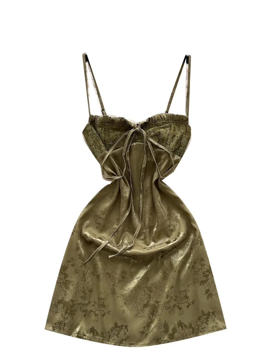 Foamlina-vestido Sexy Y2K con tirantes para niña, minivestido Halter de satén Jacquard con cintura de empalme de encaje francés para verano 2025