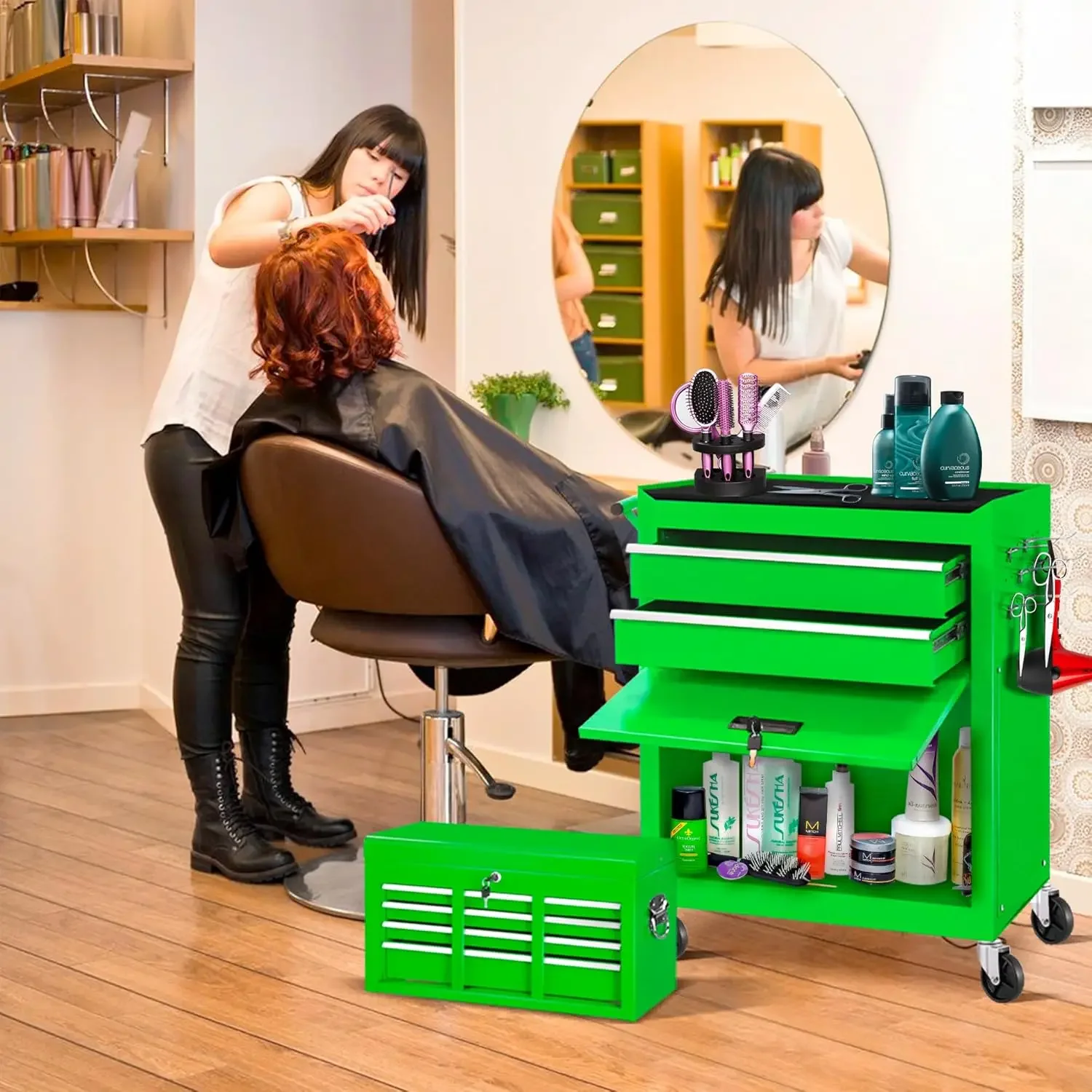 Chest, 8-Drawers Rolling Chest with Wheels, Detachable Green Metal Cabinet with Lock Top Box, Gar