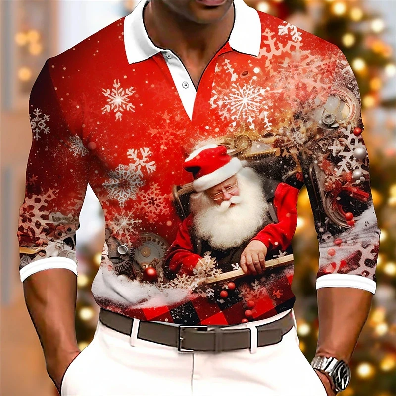 All Over Print Christmas Santa Claus Snowflake Button Up Polos Shirts For Men Casual Long Sleeve Turndown Polo Shirts Clothes