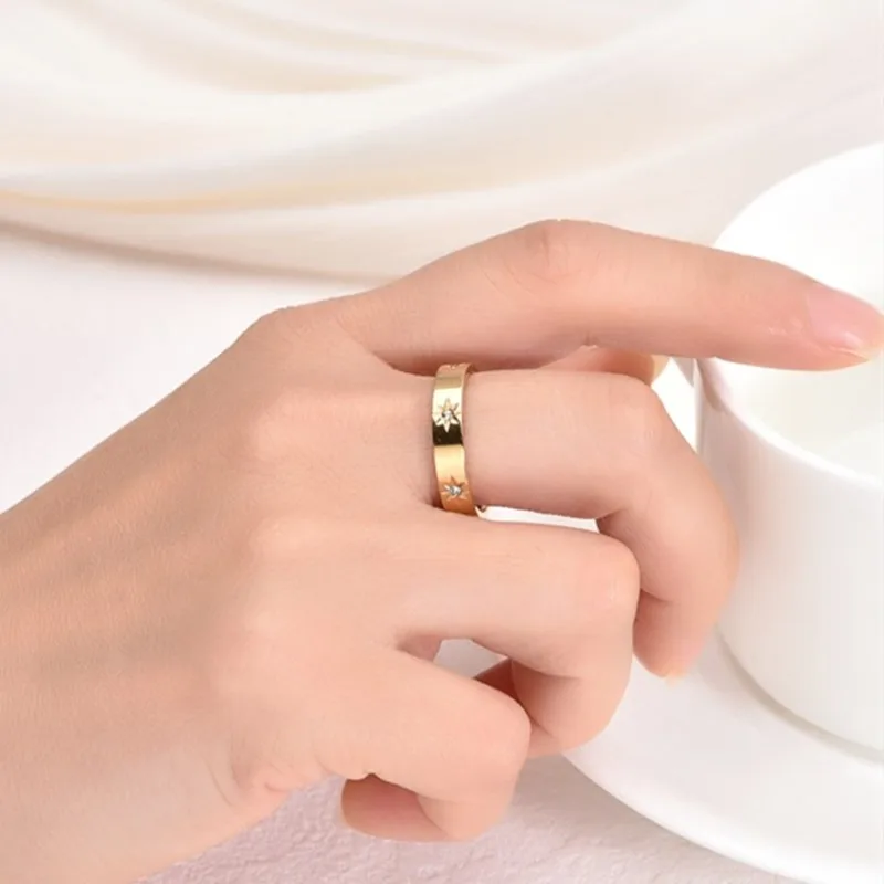 4mm Stainless Steel Inlay CZ Star Ring Wedding Band for Women Men Size 5-10