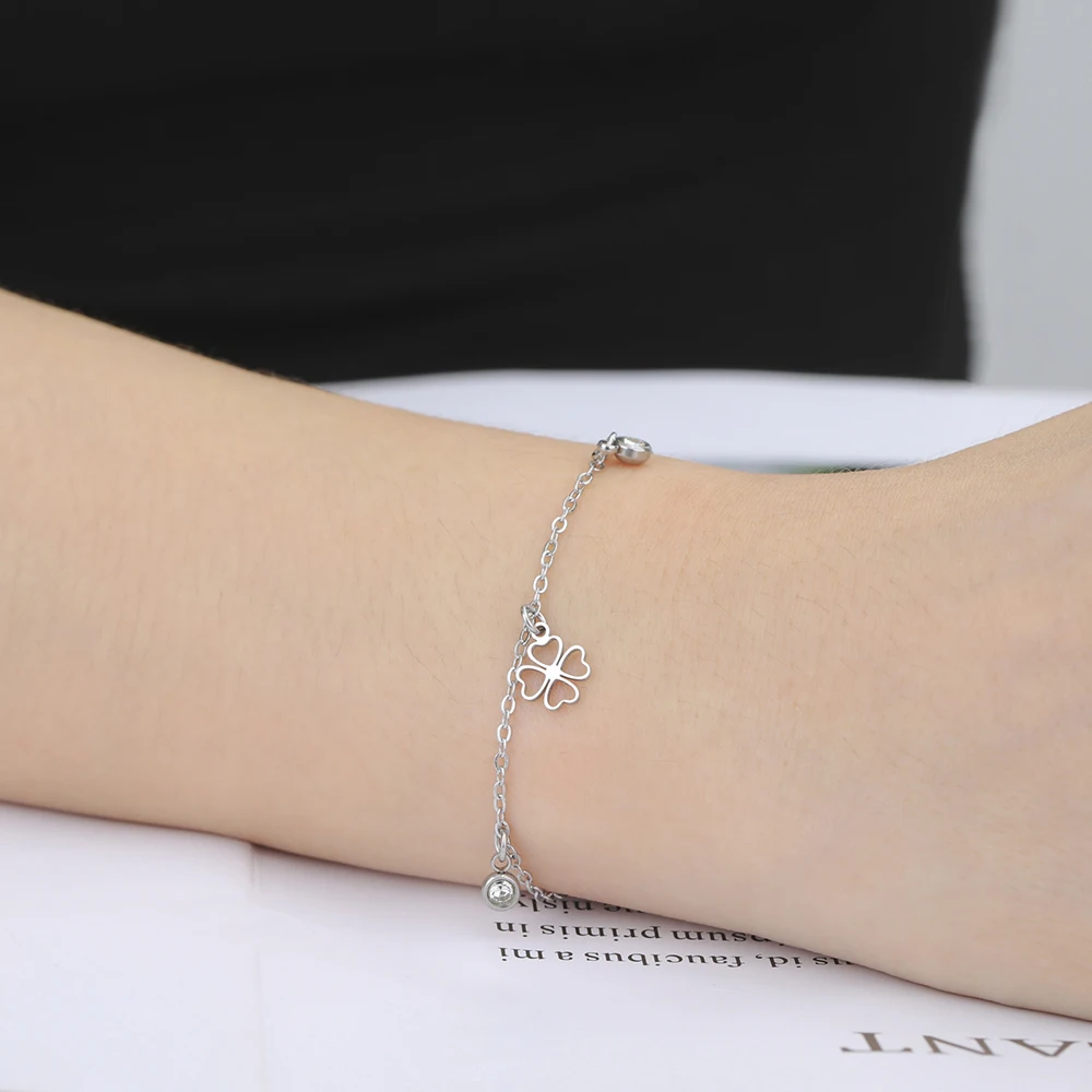 Dawapara Viel Glück Kleeblatt Armband Vierblättriges Kleeblatt Charms Schlangenkette 17 cm Armband Edelstahl Paar Schmuck – Detail 6