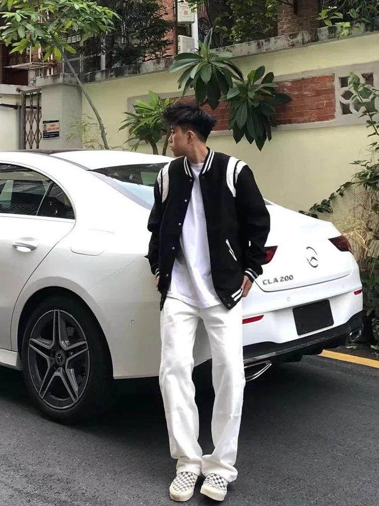 

Autumn Winter New Sle Color Blo Baseball Jaet Men's American Trendy Loose Woolen Pilot Coat Casual Loose Fit Long Sve