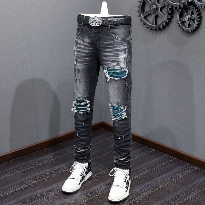 

High Street Fashion Men Jeans Retro Black Gray Stretch Skinny Fit Ripped Jeans Men Green Patched Designer Hip Hop Brand Pants