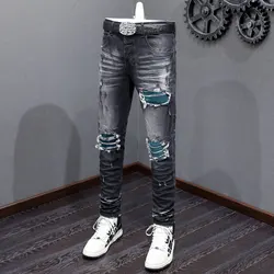 Jeans da uomo di moda High Street retrò nero grigio Stretch Skinny Fit Jeans strappati da uomo pantaloni di marca Hip Hop firmati con patch verdi