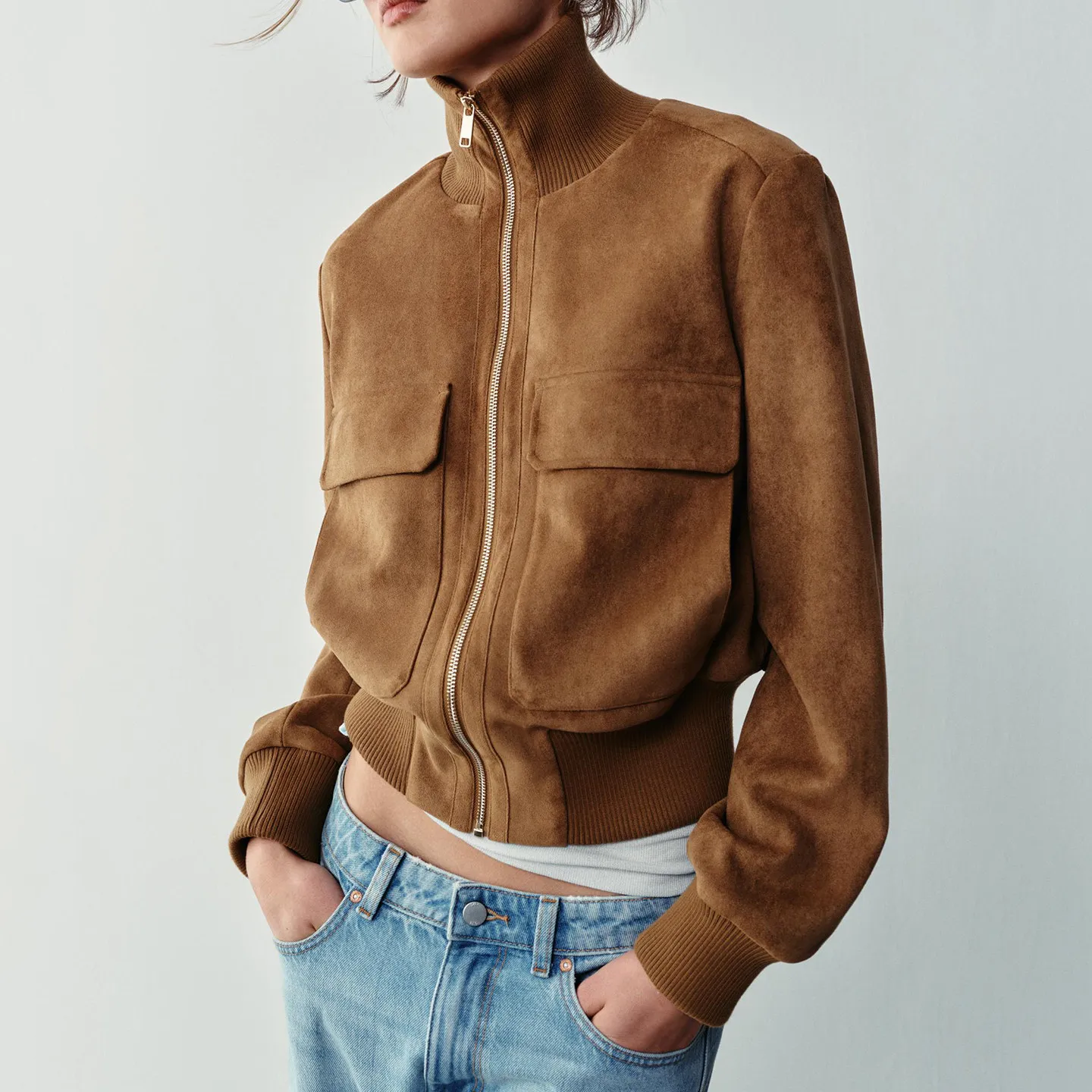 Fashionable Long Sleeve Pilot Jacket Women's Autumn Wear Stand Collar Outerwear ZADATA Standard Fit Other Material 100%