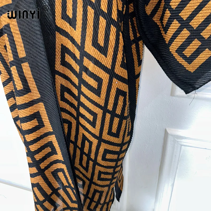 WINYI Africa Pleated dress Geometric print coats for woman elegant free size Cardigan holiday party maxi dress Kimono cover-up