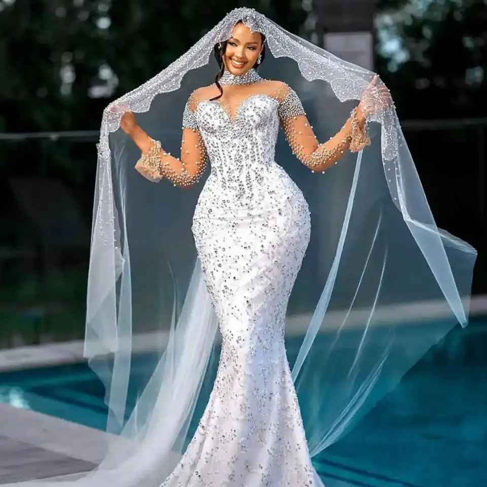 

Brilliant Mermaid Wedding Dresses High Neck Beading Paillette Bride Gowns Long Sleeve Sweep Train Vestido De Noiva Customized