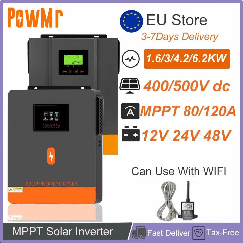 PowMr Power Inverter 1.6KW 3KW 4.2KW 6.2KW 12V 24V 48V Pure Sine Wave 230V MPPT Hybrid 80A 120A Off-Grid Solar Inverter Charge