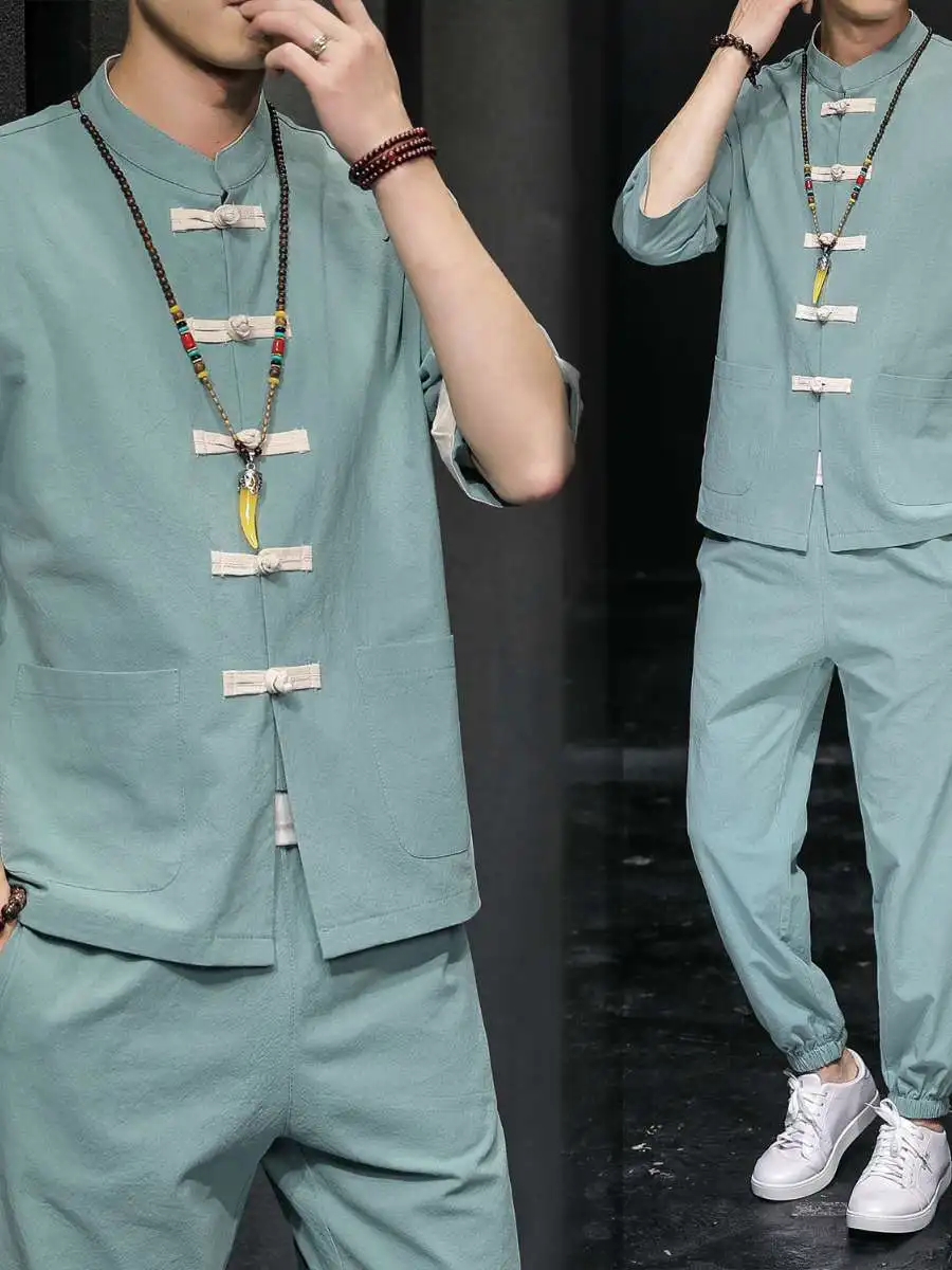 

New Summer Men's ort Sve Cotton Linen Set Buttoned Collar Hanfu Ancient Sle Youth Middle Length Pants irt